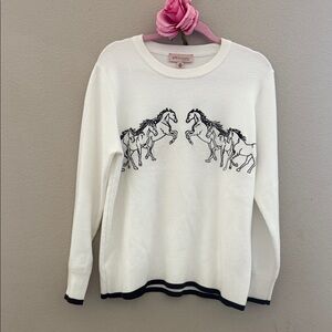 Philosophy White Crewneck Sweater with chocolate brown Horse Embroidery